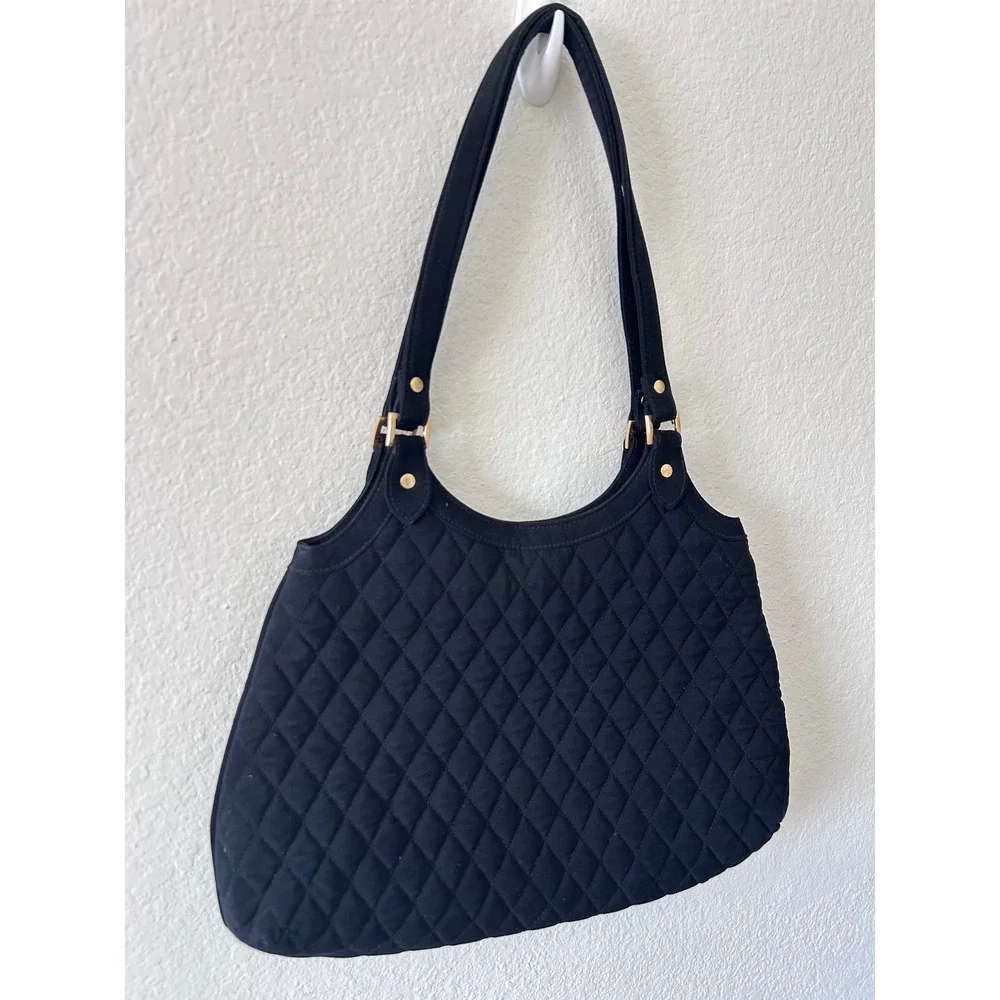 Vera Bradley Black Quilted Microfiber Shoulder Bag Tote Gold Hardware Handbag